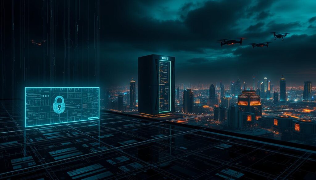 A dark, moody cyberpunk-inspired landscape showcasing the multi-layered defenses of a comprehensive cybersecurity system. In the foreground, a complex matrix of digital firewalls, encrypted protocols, and biometric access controls intersect, creating a visually striking grid of light and shadow. The midground features a towering, state-of-the-art data center, its sleek, angular architecture and glowing holographic displays conveying an aura of technological sophistication. In the distant background, a sprawling cityscape of neon-lit skyscrapers and hovering drones sets the scene, hinting at the broader ecosystem in which this cybersecurity fortress resides. The overall atmosphere is one of high-stakes protection, cutting-edge innovation, and the constant battle against digital threats.