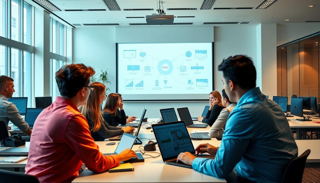 A vibrant, well-lit classroom setting showcasing various training programs for Managed Service Providers (MSPs). In the foreground, a group of professionals engage in hands-on training exercises, utilizing cutting-edge technology and software. The middle ground features a large projection screen displaying detailed schematics and diagrams, while the background depicts a modern, minimalist office environment with sleek desks and an abundance of natural light. The atmosphere conveys a sense of productivity, collaboration, and the shared goal of empowering MSP employees to deliver exceptional customer service and technical support.